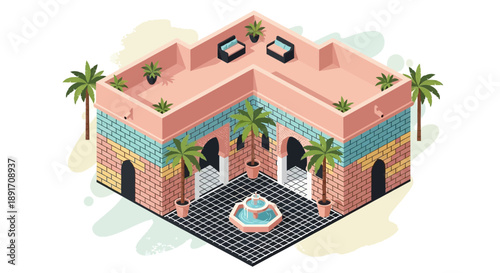 Isometric Moroccan Riad Illustration Traditional Architecture and Design.