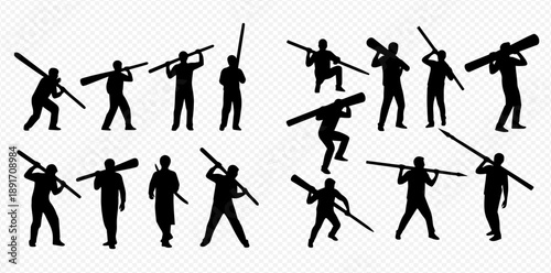 Set of black silhouettes of people carrying long objects, such as poles or logs, in various poses on a transparent background.