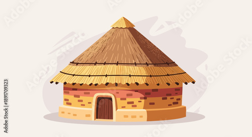 Traditional African Mud Hut with Thatched Roof Illustration.