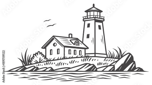 Lighthouse structure stands on a rocky island shoreline next to a small keeper's house near ocean waves.