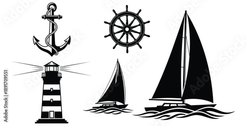 Collection of black and white nautical vector icons featuring a classic ship anchor a detailed helm wheel a tall striped lighthouse and several beautiful sailboats traversing ocean waves