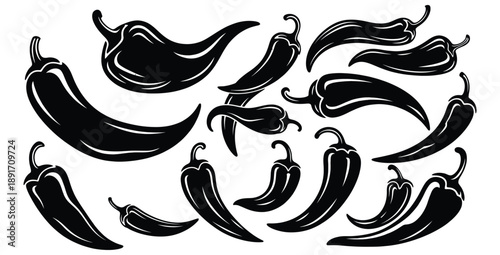 Collection of various stylized black and white chili pepper silhouettes showcasing different shapes and sizes for graphic design projects