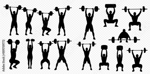 Set of powerlifting and weightlifting silhouettes, depicting various exercises and poses for strength training and fitness.