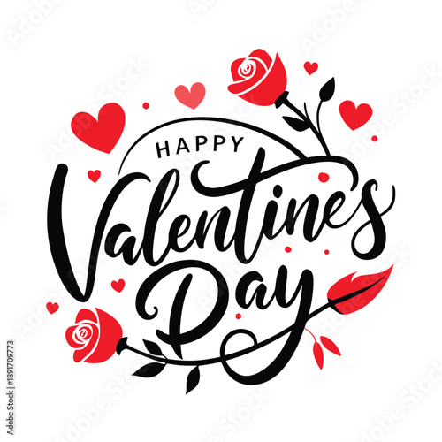 Happy valentines day calligraphy text with red roses and hearts girl avatar