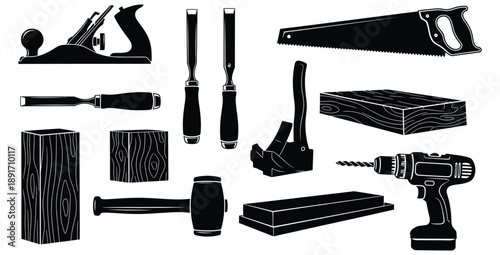 Collection of black silhouette woodworking tools including a hand plane chisels a saw a clamp a mallet a cordless drill and various pieces of timber or wood stock