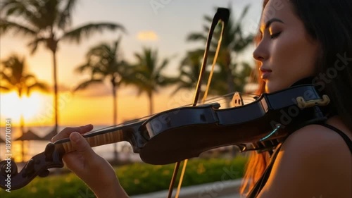 Young woman playing electric violin at sunset in a tropical resort
