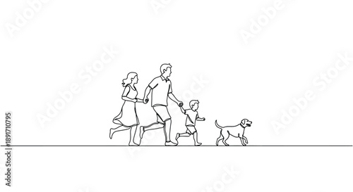 A family of four with one dog runs together across a horizontal line in a minimalist outline drawing style.