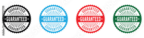 Collection of guaranteed circular badges in various colors representing quality and assurance