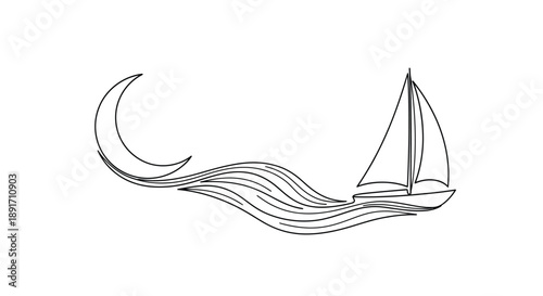 Sailboat navigates stylized wavy water beneath a crescent moon in a continuous line design.