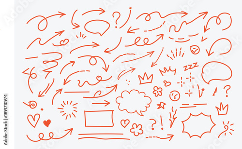 Hand drawn doddle red arrow icon set.  Hand drawn arrow illustration. Hand drawn arrow set with crayon texture - curved and straight, spiral and wavy directional pointers for navigation. 