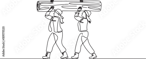 Single one line drawing couple of woman lumberjack laborers carrying heavy wooden log on shoulders. Female woodcutters working in wood logging industry. one line Icon drawing
