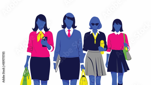 Modern Professional Team Dynamics: Vibrant Illustration of Diverse Corporate Women Walking Confidently