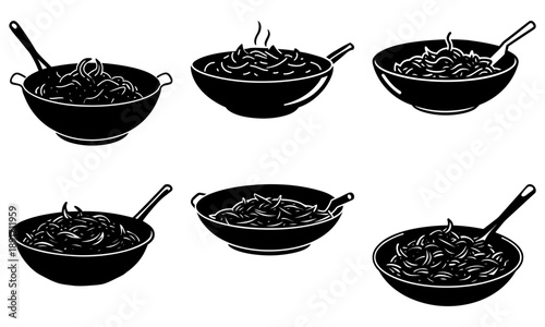 Six black illustrations of woks with noodles and utensils are shown