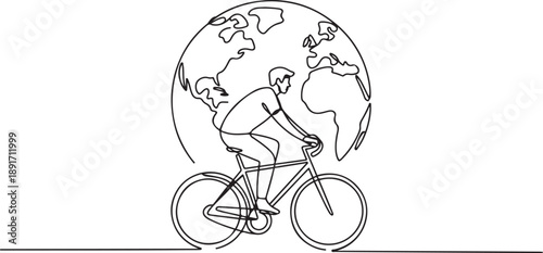 Minimalist one line drawing of a young man cycling with a large globe background, illustrating global cycling awareness for World Bicycle Day in a sport. one line Icon drawing