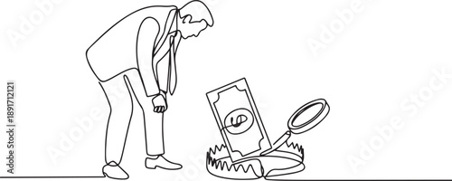 Continuous one line drawing businessman looked down to examine the trap of the animal and in the middle there a banknote with a magnifier. Traps for the corrupt. one line Icon drawing