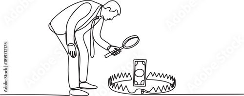 Continuous one line drawing businessman looked down to examine the trap of the animal and in the middle there a banknote with a magnifier. Traps for the corrupt. one line Icon drawing