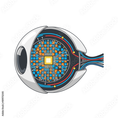 Artificial retina implant concept. Bionic eye cross-section with microchip and electronic circuits. Vector illustration of futuristic medical technology