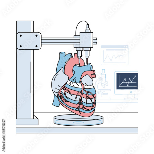 3D bioprinting of human heart concept. Robotic arm printing organ in laboratory. Flat line vector illustration