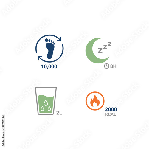 Digital health and fitness tracking icon set. Symbols for steps, sleep, water and calories. Vector design elements