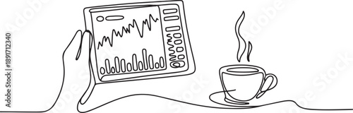 Single one line drawing hand holding tablet with stock market infographics. Monitoring stock values ​​in morning with a cup of coffee. one line Icon drawing