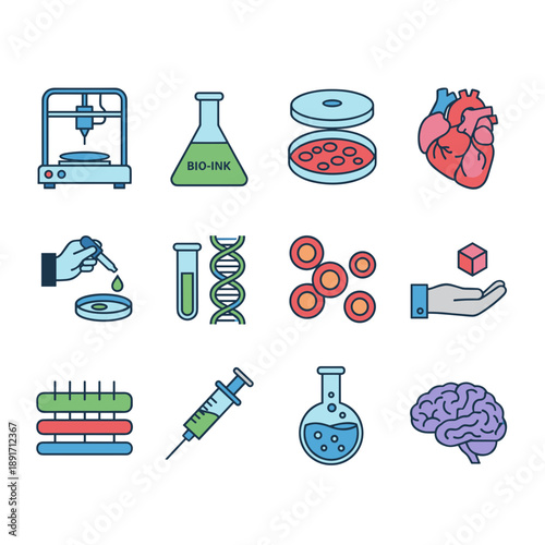 Bioprinting and tissue engineering icon set. 3D printer, bio-ink, organs and lab equipment symbols. Linear color vector collection isolated on transparent background
