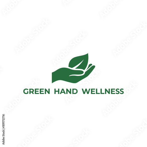Natural leaf held by human hand icon for organic therapy and holistic healthcare branding named Green Hand Wellness