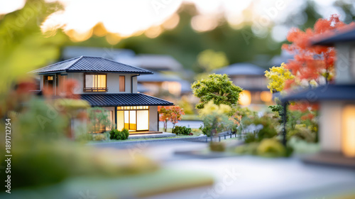 Miniature model of sustainable residential community showcases modern architecture surrounded by vibrant greenery and colorful trees