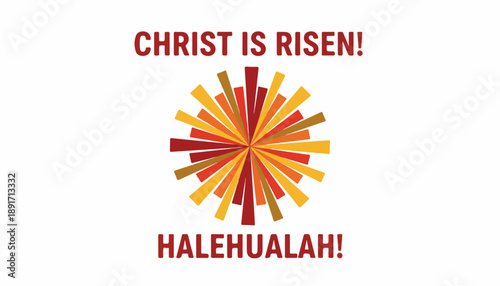 Christ is Risen Hallelujah text with sunburst. Religious Easter greeting vector illustration
