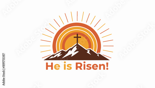 He is Risen cross on mountain with sunrise. Religious Christian Easter vector illustration
