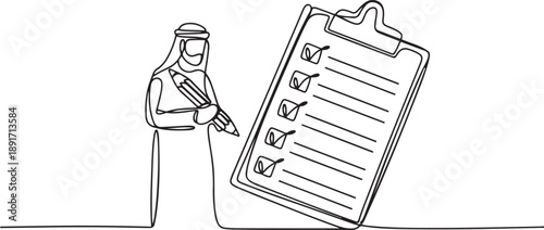 Continuous one line drawing Arab businessman filled out questionnaire. Man standing near big checklist. Male with pencil writes test on clipboard. one line Icon drawing