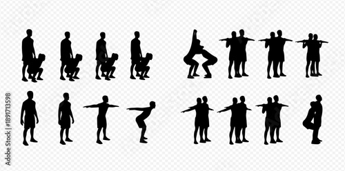 Set of black silhouettes of people in various poses, including standing, squatting, and stretching, isolated on a transparent background.