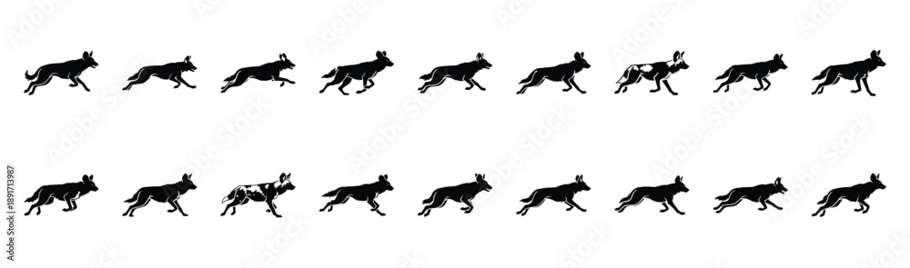 Fototapeta premium african wild dog running silhouette illustration collection. Animals drawing illustration isolated on white background.