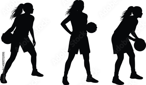 Female basketball player silhouette, holding ball, preparing to dribble, athletic pose, sports training, action stance, workout, active lifestyle, isolated black figure, white background