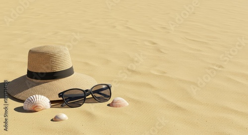 Essential objects for a relaxing coastal summer vacation displayed on warm golden sand, ready for a day of rest and sun near the ocean waves ,beach ,sun ,getaway