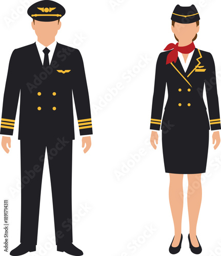 Male pilot and female flight attendant in uniform, aviation crew illustration, professional airline staff, cabin crew vector, aviation industry, travel personnel, airline job roles