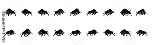 bull charging pose silhouette illustration collection. Animals drawing illustration isolated on white background.