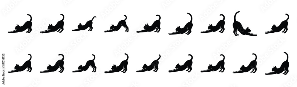 Fototapeta premium cat stretching pose silhouette illustration collection. Animals drawing illustration isolated on white background.