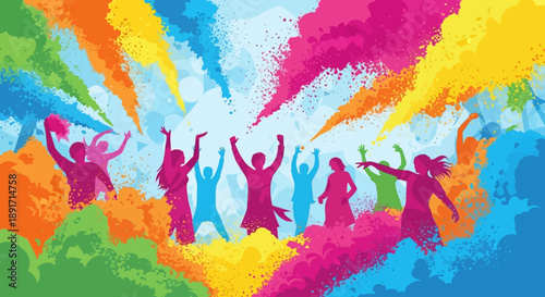 Vibrant silhouettes of people celebrating amidst colorful powder explosion from a dynamic viewpoint