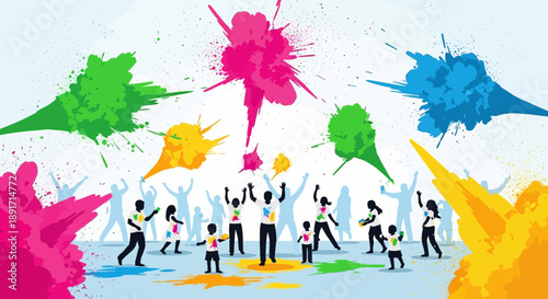 Vibrant celebration with people dancing amidst colorful paint splatters in a lively scene viewed from above