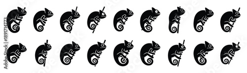chameleon climbing pose silhouette illustration collection. Animals drawing illustration isolated on white background.