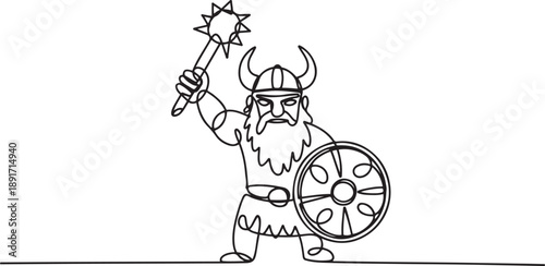 Single continuous line drawing man warrior viking in horned helmet holding mace and shield. Cartoon character male with weapon standing in belligerent pose. one line Icon drawing