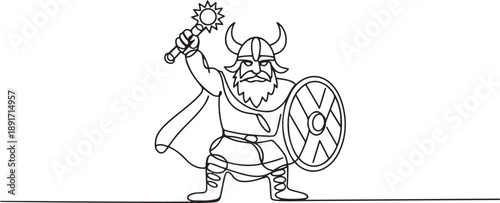 Single continuous line drawing man warrior viking in horned helmet holding mace and shield. Cartoon character male with weapon standing in belligerent pose. one line Icon drawing