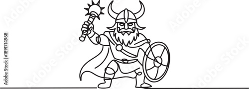 Single continuous line drawing man warrior viking in horned helmet holding mace and shield. Cartoon character male with weapon standing in belligerent pose. one line Icon drawing