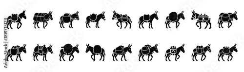 donkey carrying load pose silhouette illustration collection. Animals drawing illustration isolated on white background.