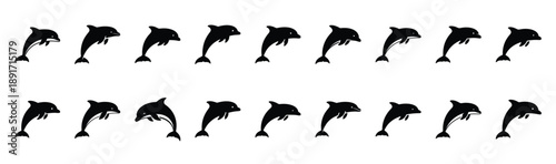 dolphin leaping pose silhouette illustration collection. Animals drawing illustration isolated on white background.