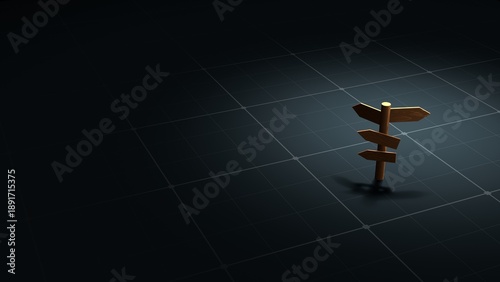 3D Wooden Signpost on Dark Minimalist Grid Background
