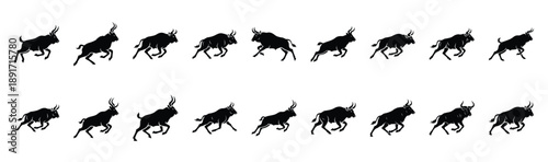 gnu running pose silhouette illustration collection. Animals drawing illustration isolated on white background.