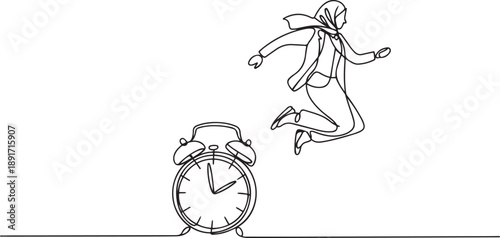 Single continuous line drawing Arabian businesswoman jump over alarm clock. Business deadline or working time efficiency concept. one line Icon drawing