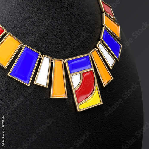 Fotografi An unusual bronze and enamel necklace on a leather stand in the shape of a bust