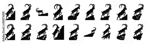 ibex cliff stance pose silhouette illustration collection. Animals drawing illustration isolated on white background.